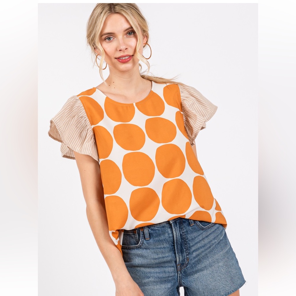 ShopEvelynne Orange Polka Dot Top with Beige Sleeves